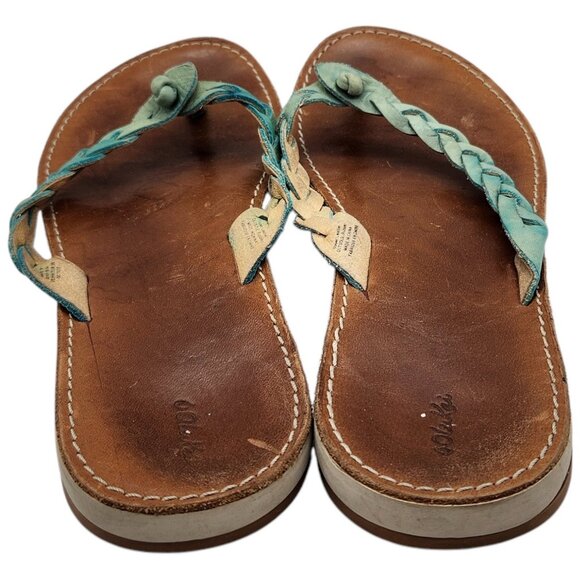 Olukai Kahiko Braided Leather Thong Sandals 8 Flip Flops Turquoise Boho Flat - Picture 7 of 9
